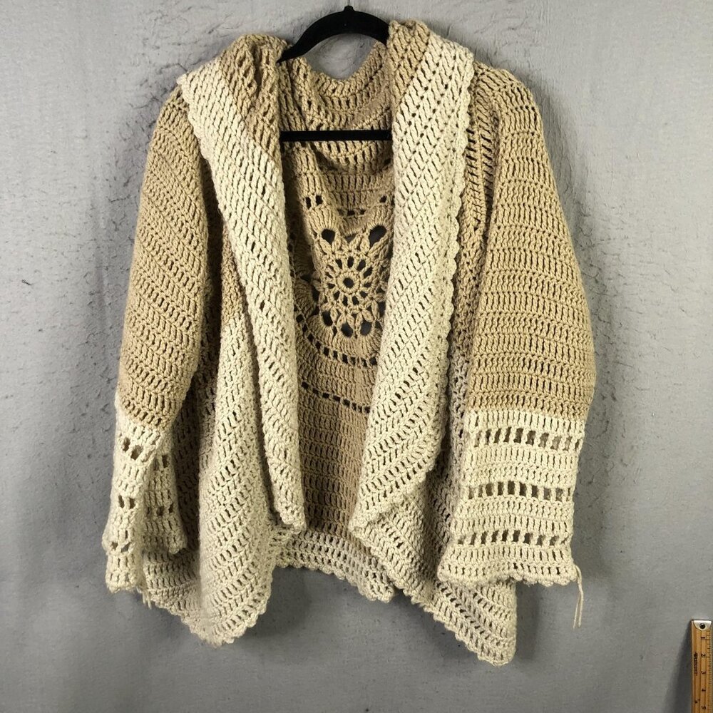 Crochet Cardigan Sweater Womens Handmade Beige Grannycore Boho Hippie Retro 70s - Picture 2 of 15